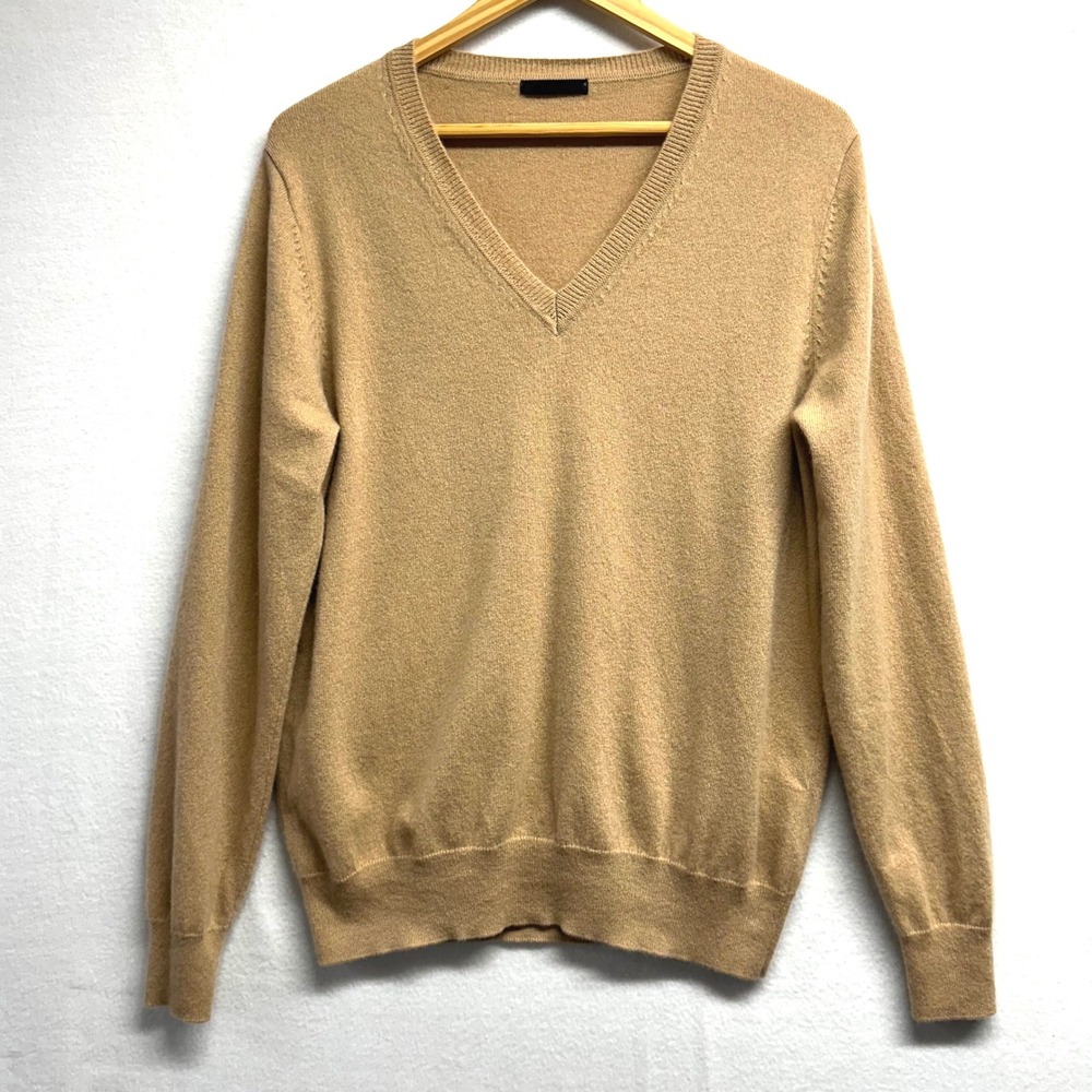 Last Brand Quince 100% Cashmere Sweater Women XL Camel Tan V- Neck Knit Classic